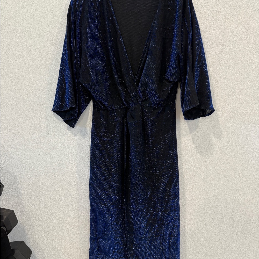 Zara Midnight Blue Shimmer Sparkle V-Neck Crossover Dress Size Medium - Picture 4 of 7
